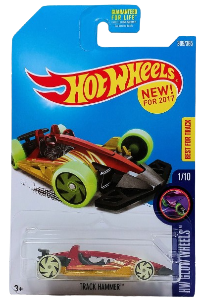 Hot Wheels 2017 - Collector # 309/365 - HW Glow Wheels 1/10 - New Models - Track Hammer - Red Body / Gold Base - USA Card