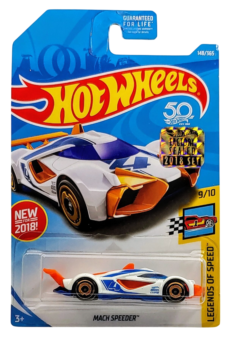 Hot Wheels 2018 - Collector # 148/365 - Legends of Speed 9/10 - New Models - Mach Speed - White / #4 - Aero Disc Wheels - USA 50th Card with Factory Set Sticker