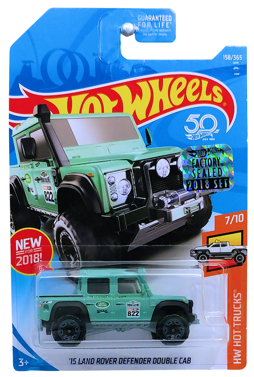 Hot Wheels 2018 - Collector # 158/365 - HW Hot Trucks 07/10 - New Models - '15 Land Rover Defender Double Cab - Eggshell Green / #822 - USA 50th Card with Factory Set Sticker