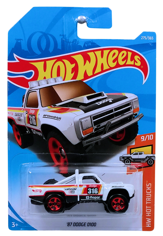 Hot Wheels 2018 - Collector # 275/365 - HW Hot Trucks 9/10 - New Models - '87 Dodge D100 - White / #316 with various Racing Decals - Red 5 Spokes - International Card