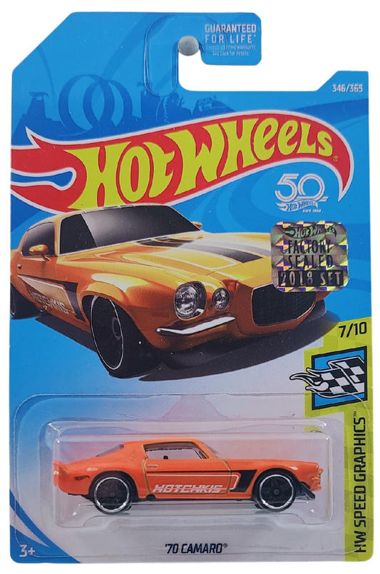 Hot Wheels 2018 - Collector # 346/365 - HW Speed Graphics 7/10 - '70 Camaro - Orange - USA 50th Card with a Factory Set Sticker