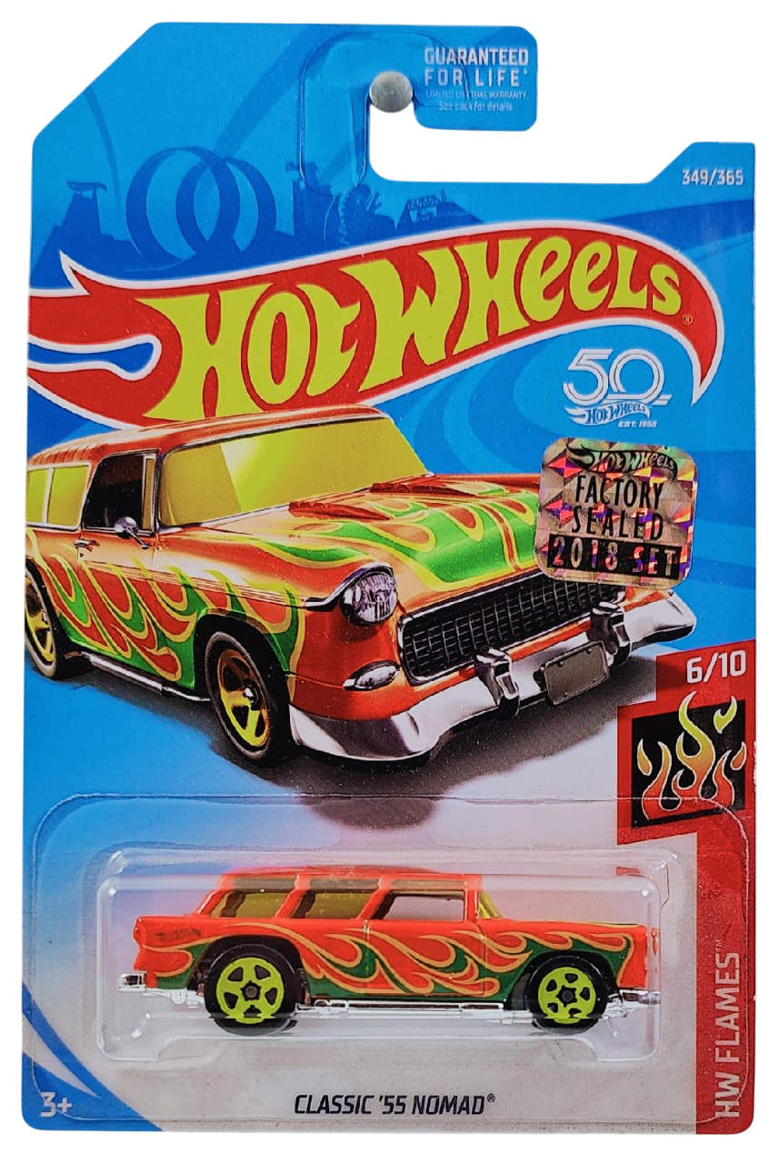 Hot Wheels 2018 - Collector # 349/365 - HW Flames 6/10 - Classic '55 Nomad - Orange - USA 50th Card with Factory Set Sticker