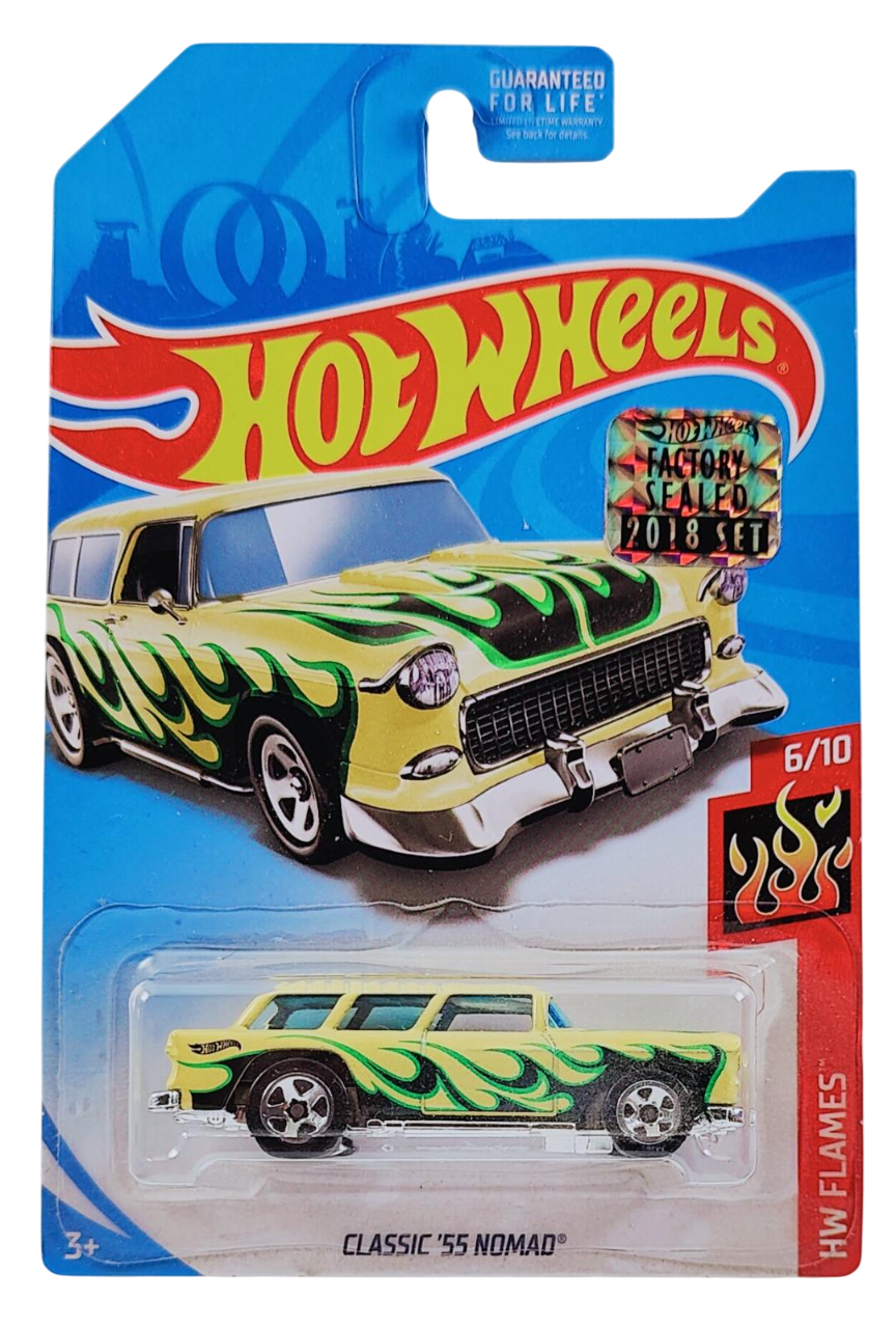 Hot Wheels 2018 - KMart Exclusive - HW Flames 6/10 - Classic '55 Nomad - Pale Yellow - USA Card with Factory Set Sticker
