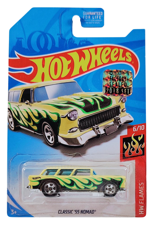 Hot Wheels 2018 - KMart Exclusive - HW Flames 6/10 - Classic '55 Nomad - Pale Yellow - USA Card with Factory Set Sticker