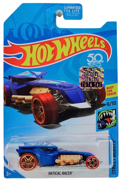 Hot Wheels 2018 - Collector # NONE - Street Beasts 9/10 - Treasure Hunts - Ractical Racer - Blue - USA 50th Card with Factory Set Sticker