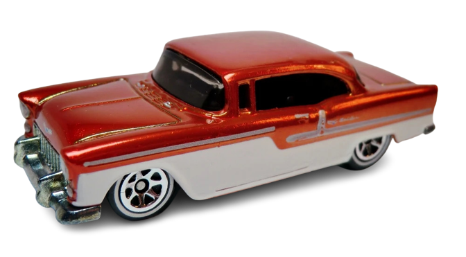 Hot Wheels 2006 - Classics Series 2 # 30/30 - 1955 Chevy - Spectraflame Red over White Enamel - 7 Spokes on White Walls - Metal/Metal - NEW Casting!