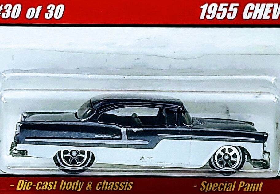 Hot Wheels 2006 - Classics Series 2 # 30/30 - 1955 Chevy - Spectraflame Black over White Enamel - 7 Spokes on White Walls - Metal/Metal - NEW Casting!