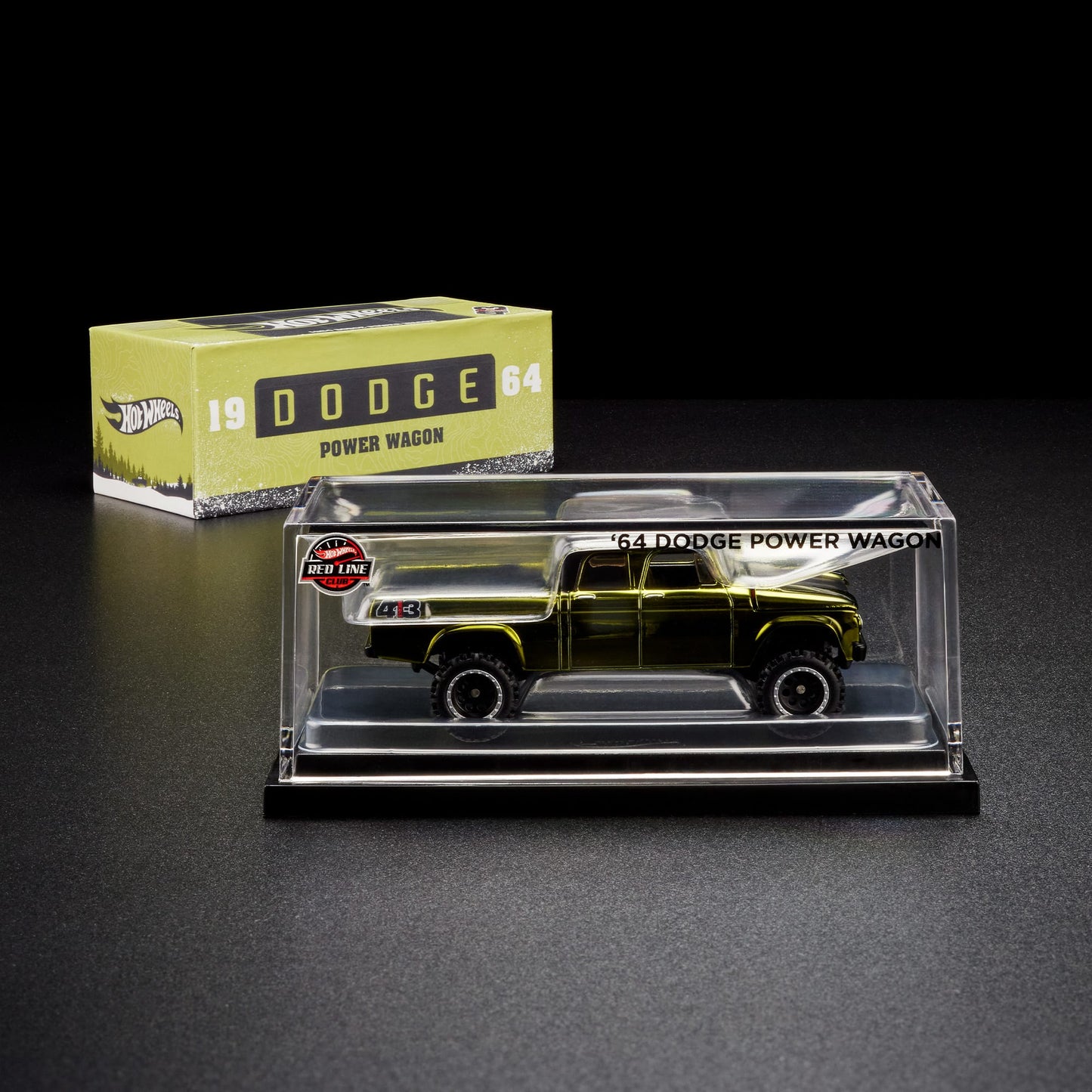 Hot Wheels 2024 - HWC/RLC Exclusive - 1964 Dodge Power Wagon - Spectraflame Olive - Metal/Metal - Real Riders - Opening Hood - Acrylic Display Case