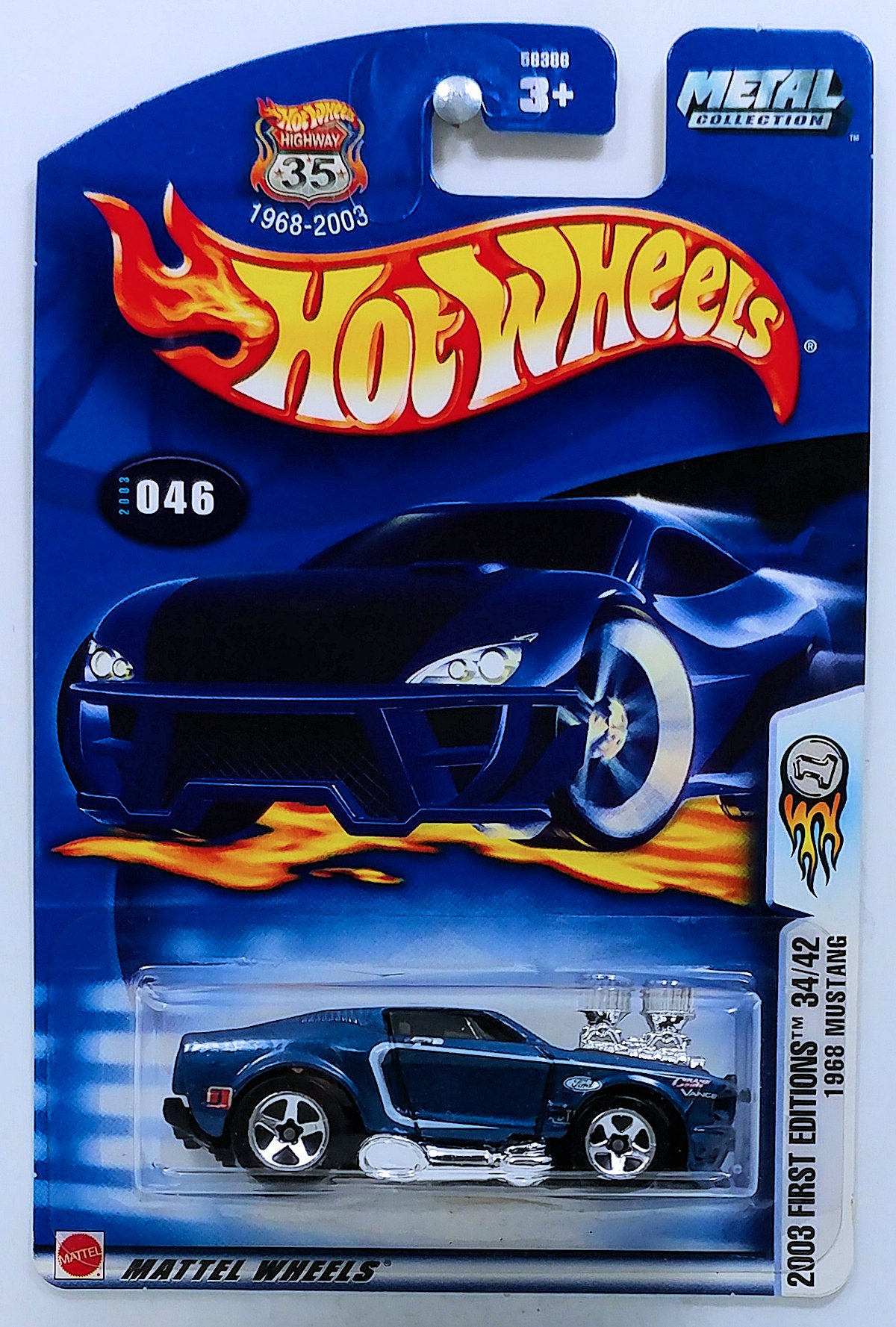 Hot Wheels 2003 - Collector # 046/220 - First Editions 34/42 - 1968 Mustang (Tooned) - Dark Blue Metalflake - USA '1968-2003 Anniversary' Card