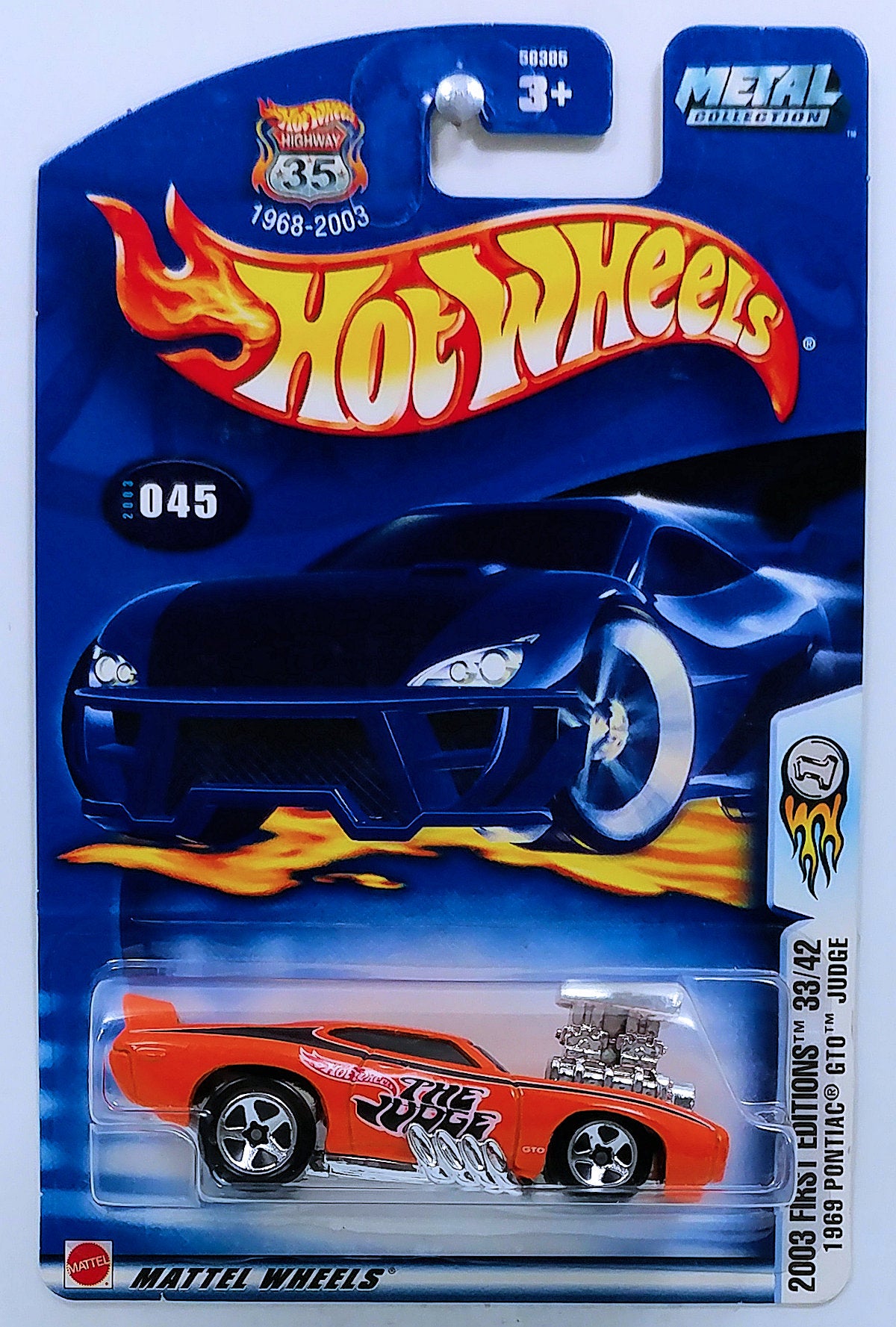 Hot Wheels 2003 - Collector # 045/220 - First Editions 33/42 - 1969 Pontiac GTO Judge - Orange / 'The Judge' - USA '1968-2003 Anniversary' Card