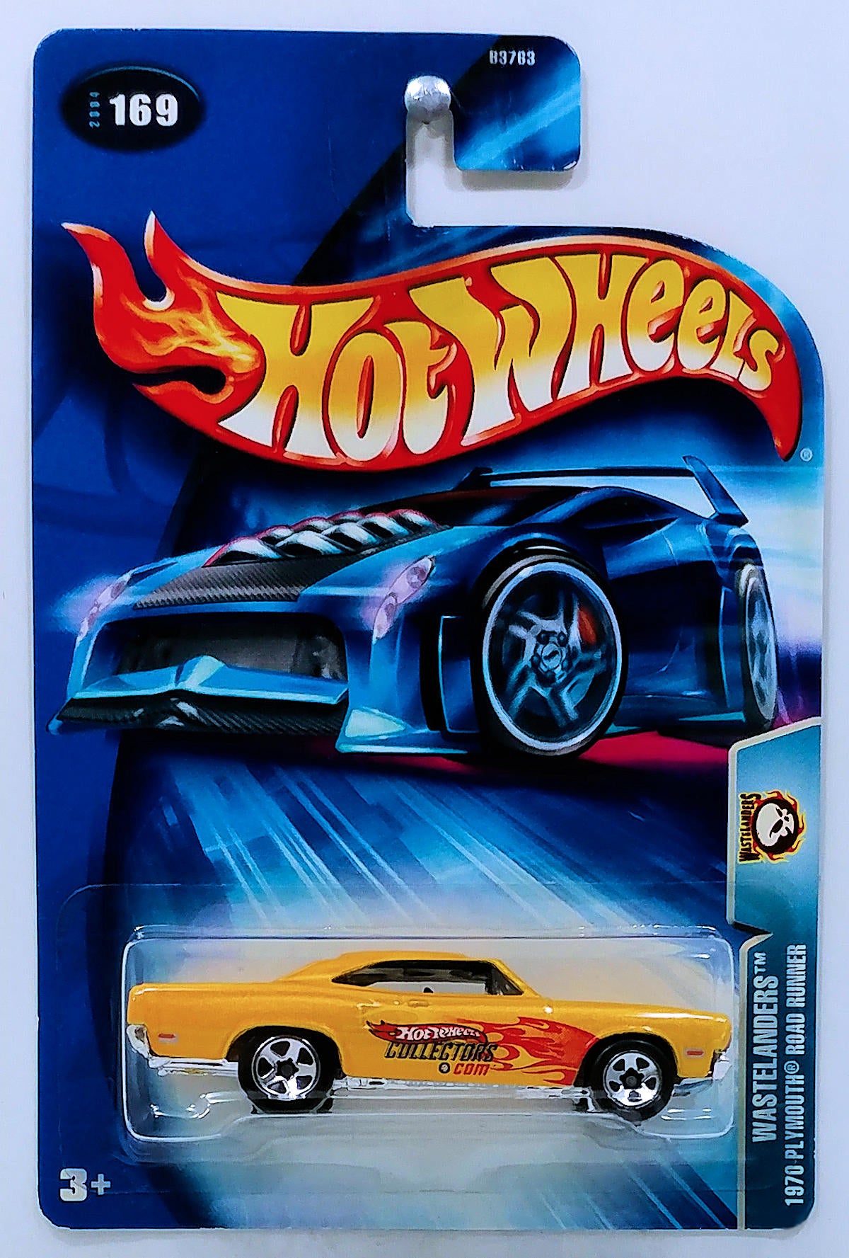 Hot Wheels 2004 - Collector # 169/212 - Wastelanders 02/10 - 1970 Plymouth Road Runner - Metallic Yellow - 'Hot Wheels Collectors.com' / Flames - USA '04 Card