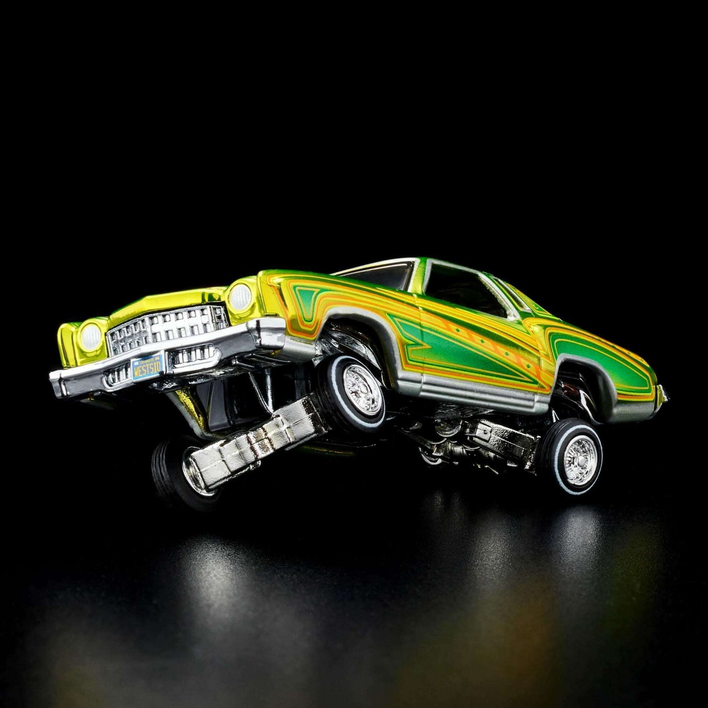 Hot Wheels 2023 - HWC/RLC Exclusive - 1975 Chevrolet Monte Carlo (Lowrider) - Spectraflame Antifreeze - Metal/Metal - Real Riders - Adjustable/Posable Suspension - Acrylic Display Case