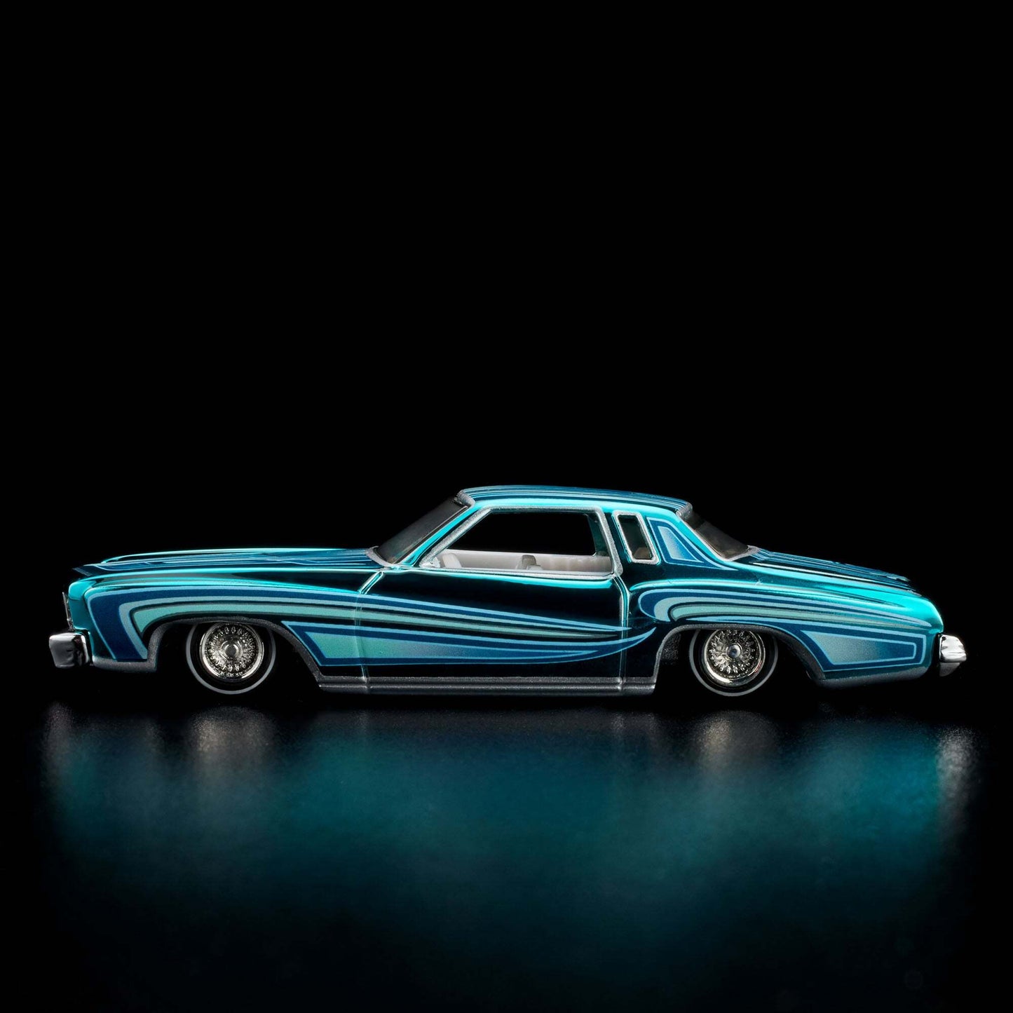 Hot Wheels 2024 - HWC/RLC Exclusive - 1975 Chevrolet Monte Carlo (Lowrider) - Spectraflame Teal - Metal/Metal - Real Riders - Adjustable/Posable Suspension - Acrylic Display Case