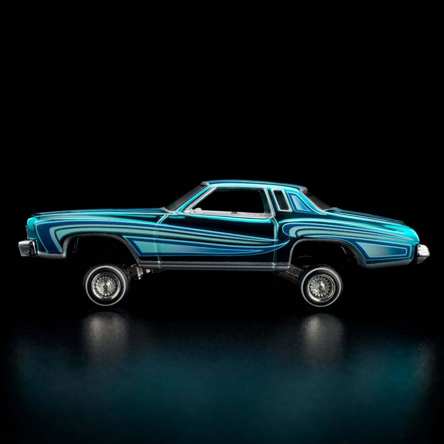 Hot Wheels 2024 - HWC/RLC Exclusive - 1975 Chevrolet Monte Carlo (Lowrider) - Spectraflame Teal - Metal/Metal - Real Riders - Adjustable/Posable Suspension - Acrylic Display Case