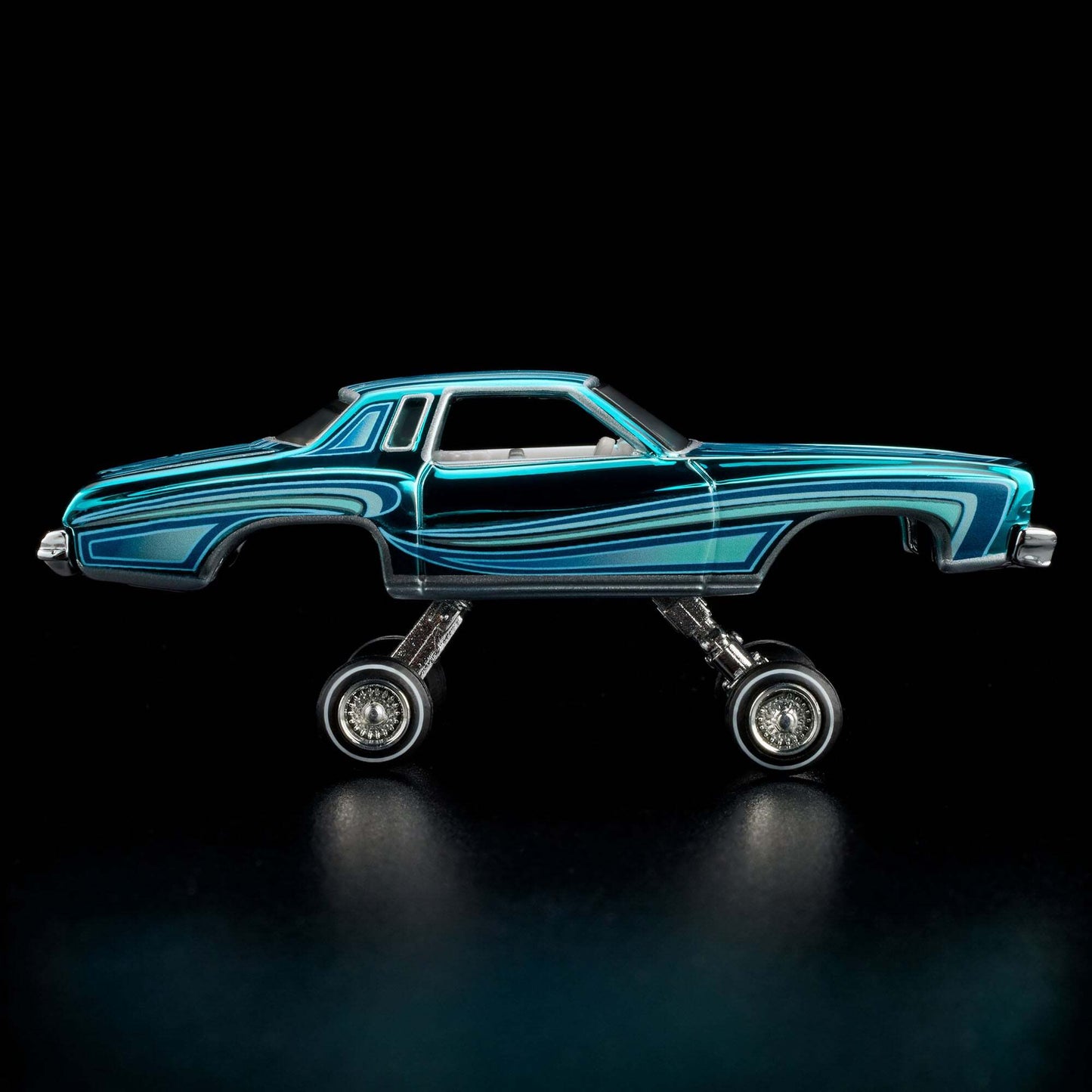 Hot Wheels 2024 - HWC/RLC Exclusive - 1975 Chevrolet Monte Carlo (Lowrider) - Spectraflame Teal - Metal/Metal - Real Riders - Adjustable/Posable Suspension - Acrylic Display Case