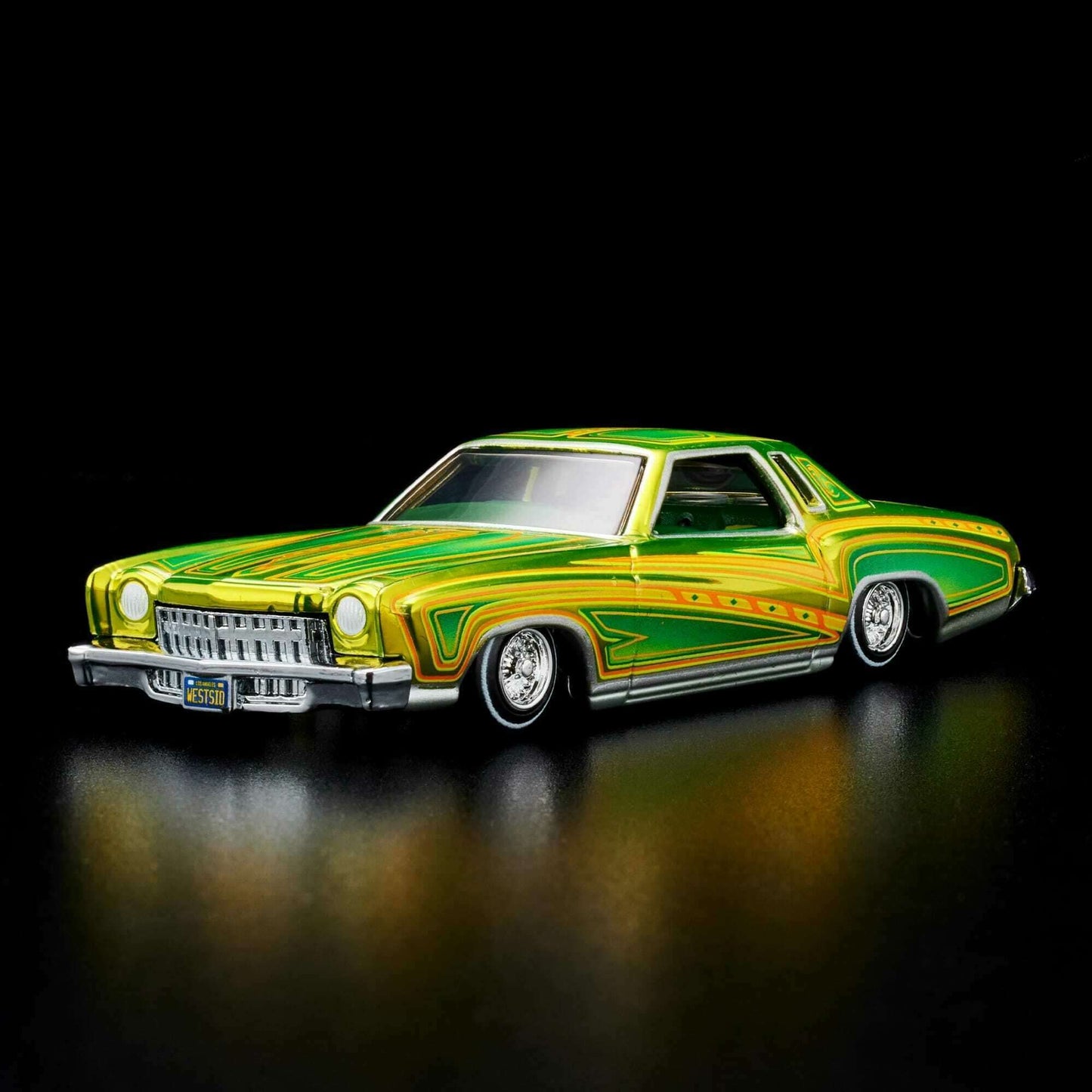 Hot Wheels 2023 - HWC/RLC Exclusive - 1975 Chevrolet Monte Carlo (Lowrider) - Spectraflame Antifreeze - Metal/Metal - Real Riders - Adjustable/Posable Suspension - Acrylic Display Case