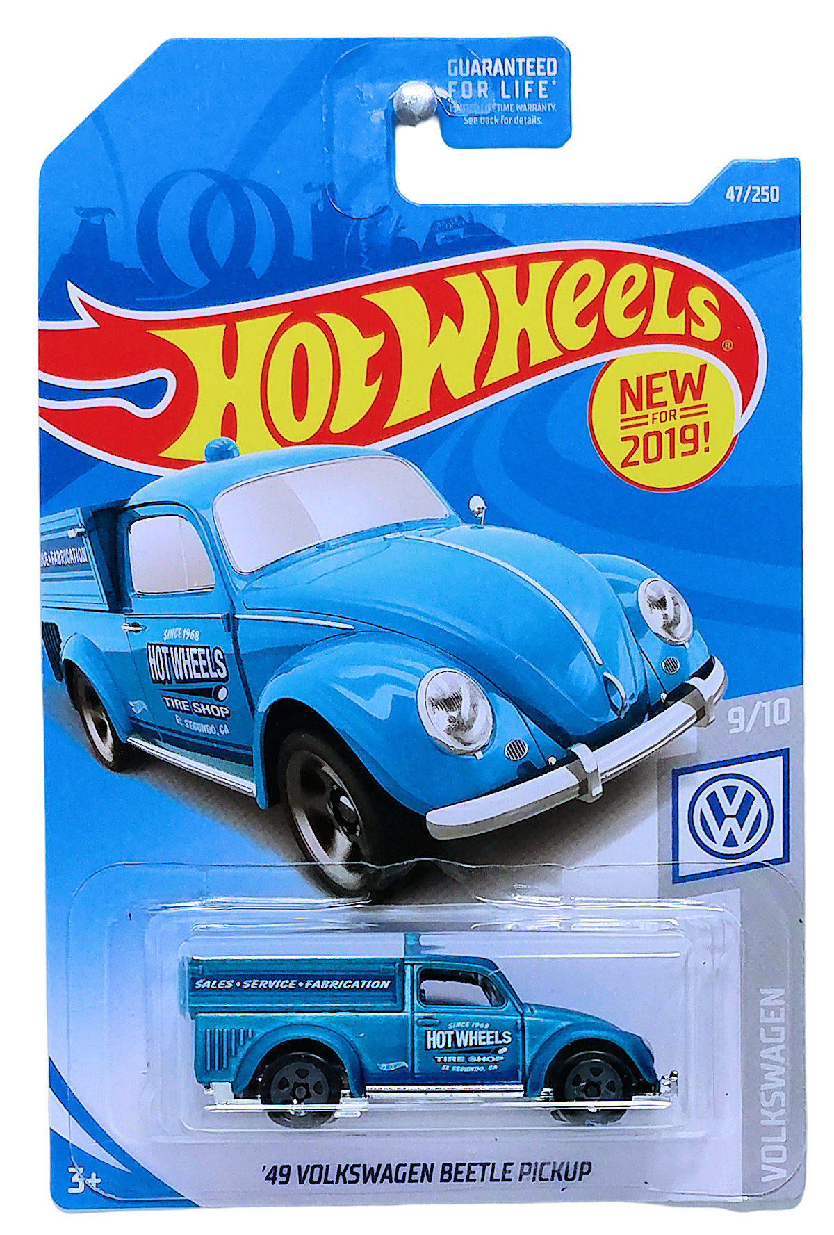 Hot Wheels 2019 - Collector # 047/250 - Volkswagen 9/10 - New Models - '49 Volkswagen Beetle Pickup - Satin Blue - 'Hot Wheels Tire Shop' - Gray 5SP Wheels - USA Card