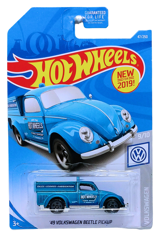 Hot Wheels 2019 - Collector # 047/250 - Volkswagen 9/10 - New Models - '49 Volkswagen Beetle Pickup - Satin Blue - 'Hot Wheels Tire Shop' - Gray 5SP Wheels - USA Card