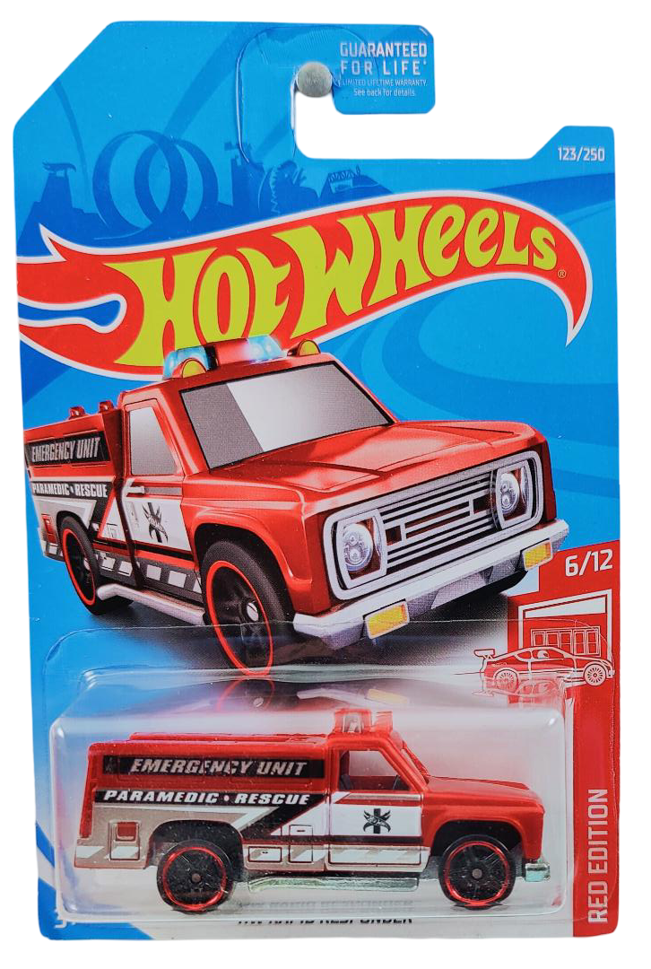 Hot Wheels 2019 - Collector # 123/250 - Red Edition 06/12 - HW Rapid Responder - Red - 'Emergency Unit' / 'Paramedic, Rescue' - Target Exclusive - USA Card