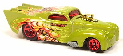 Hot Wheels 2005 - Collector # 114/183 - Crazed Clowns II Series 4/5 - 1941 Willys Coupe (Pro Mod Drag Car) - Lime Green Metalflake - Red 5 Spokes - Gray Plastic Base - USA Card