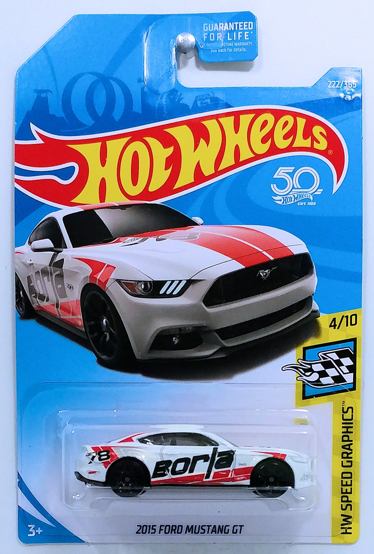 Hot Wheels 2018 - Collector # 222/250 - HW Speed Graphics 4/10 - 2015 Ford Mustang GT - White / #78 / Borla - USA 50th Card