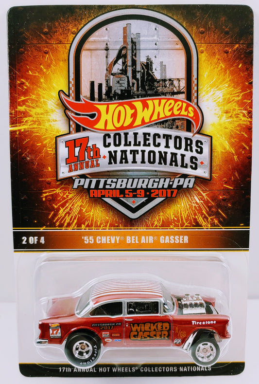 Hot Wheels 2017 - 17th Annual Collectors Nationals / Pittsburgh, PA / April 5-9, 2018 - Commemorate Car 2/4 - '55 Chevy Bel Air Gasser - Dark Red 'Wicked Gasser' - Metal/Metal & Real Riders - #2002/2800 - Kar Keeper