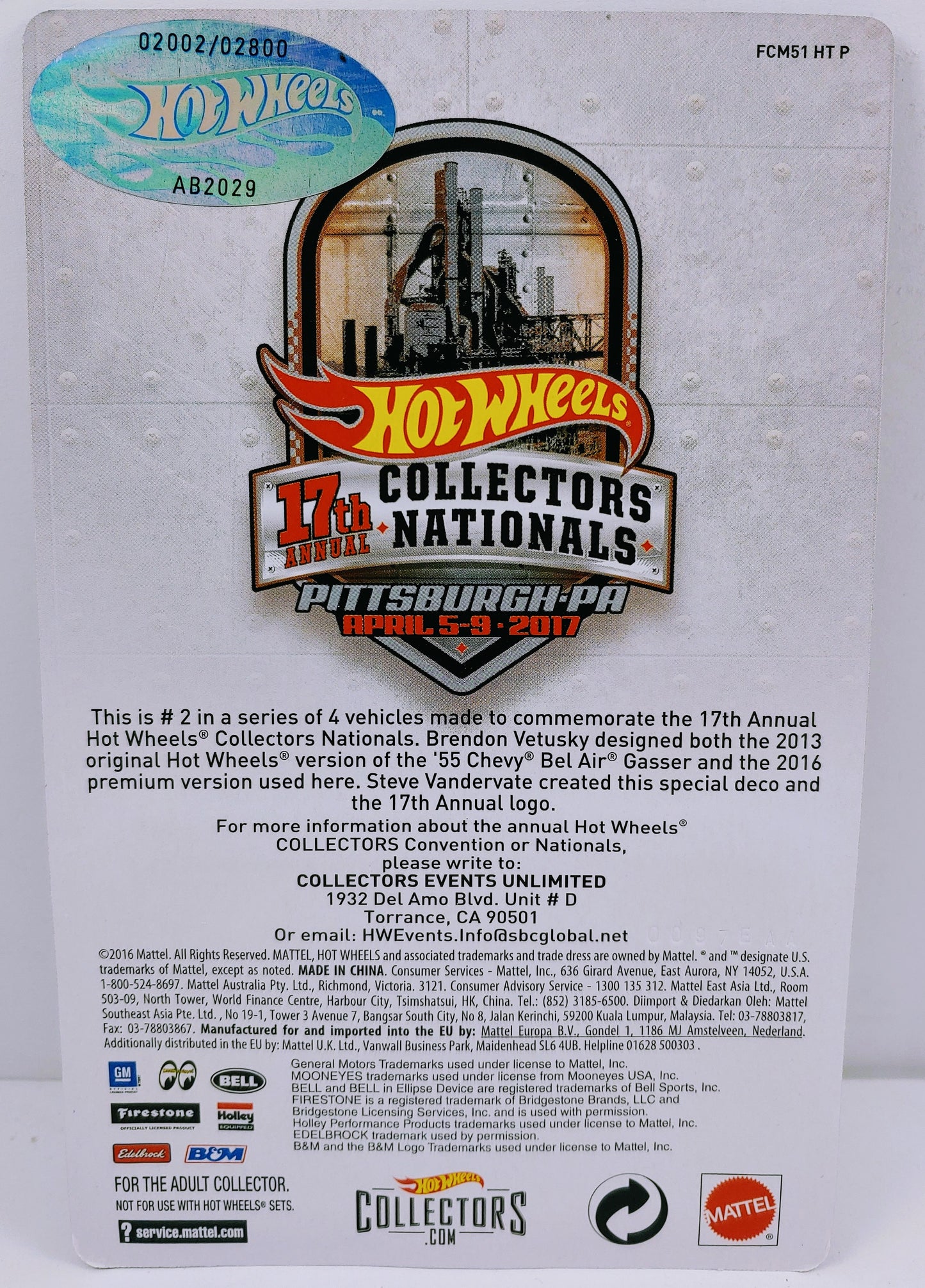 Hot Wheels 2017 - 17th Annual Collectors Nationals / Pittsburgh, PA / April 5-9, 2018 - Commemorate Car 2/4 - '55 Chevy Bel Air Gasser - Dark Red 'Wicked Gasser' - Metal/Metal & Real Riders - #2002/2800 - Kar Keeper