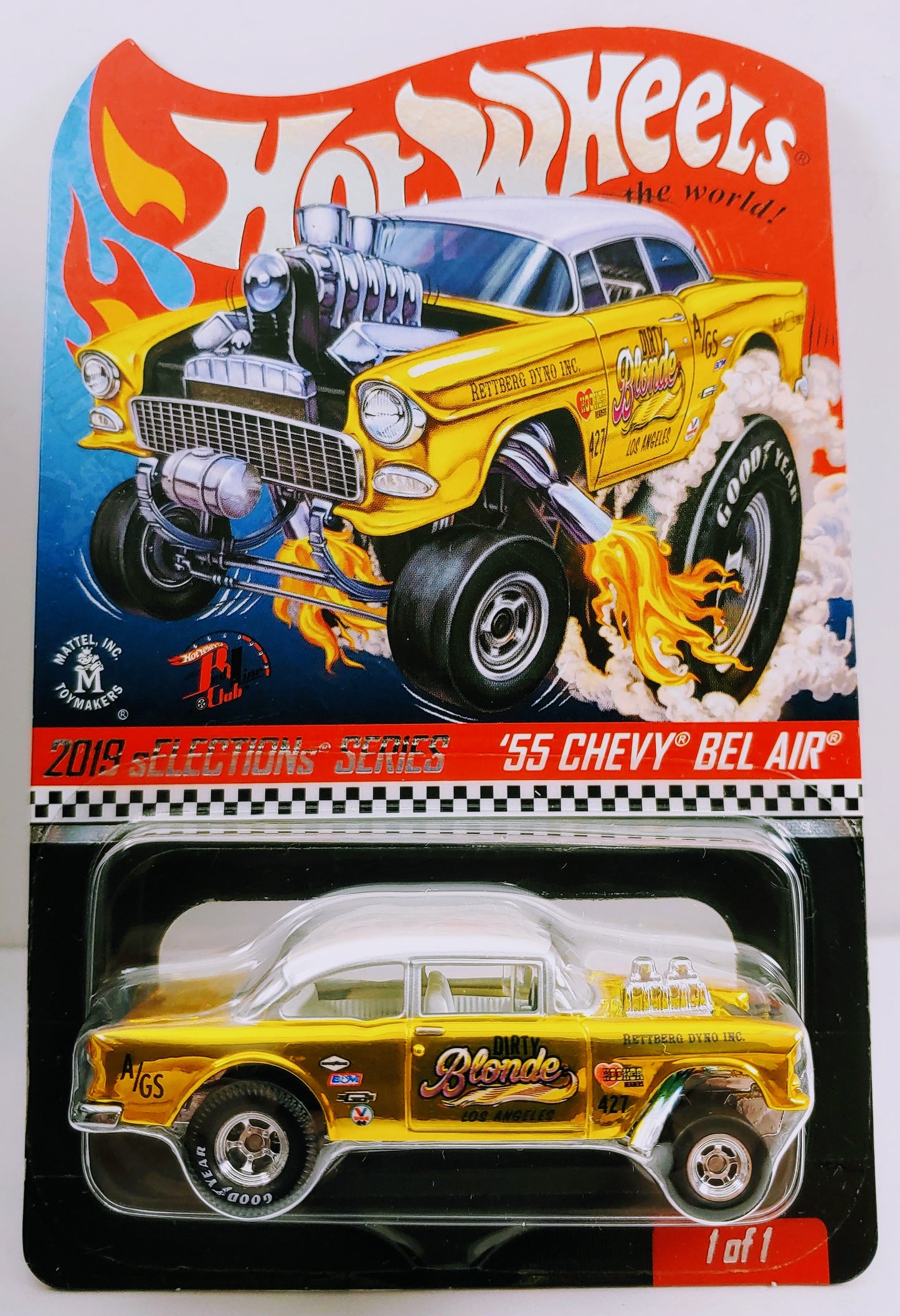 Hot Wheels 2019 - HWC / RLC sELECTIONs 1/1 - '55 Chevy Bel Air (Gasser) - Spectraflame Yellow - Metal/Metal & Real Riders - Kar Keeper