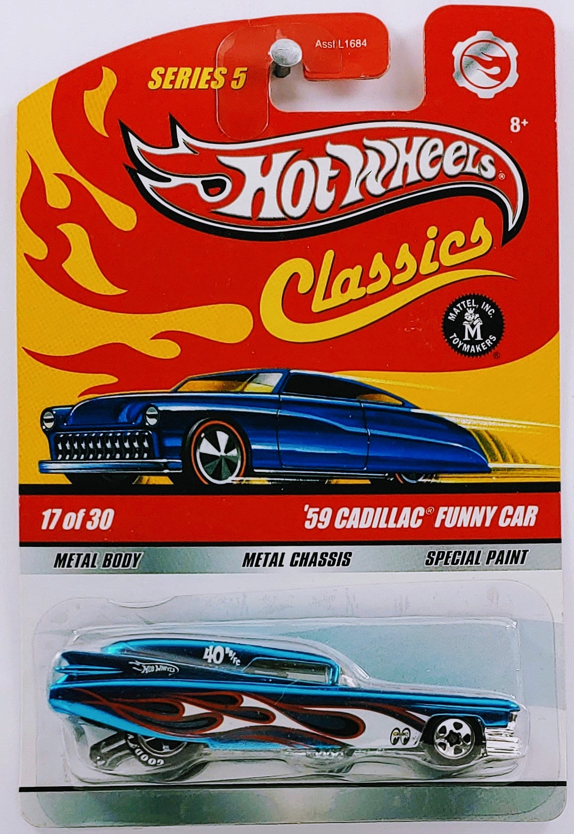 Hot Wheels 2009 - Classics Series 5 # 17/30 - '59 Cadillac Funny Car - Spectraflame Blue / Flames - Good Year Tires on 5 Spoke Wheels - Metal/Metal - Body Tilts Up - Limited Edition - NEW Casting!