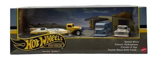 Hot Wheels 2024 - Premium / 4-Car Collector Set / Motorhead Madness - Speed Waze (Mooneyes), Classic Hydroplane (Mooneyes), Citroen H Van (Race Service) & Toyota Stout Drift Truck (Mobil Pegasus) - Metal/Metal & Real Riders - Diorama Display Box