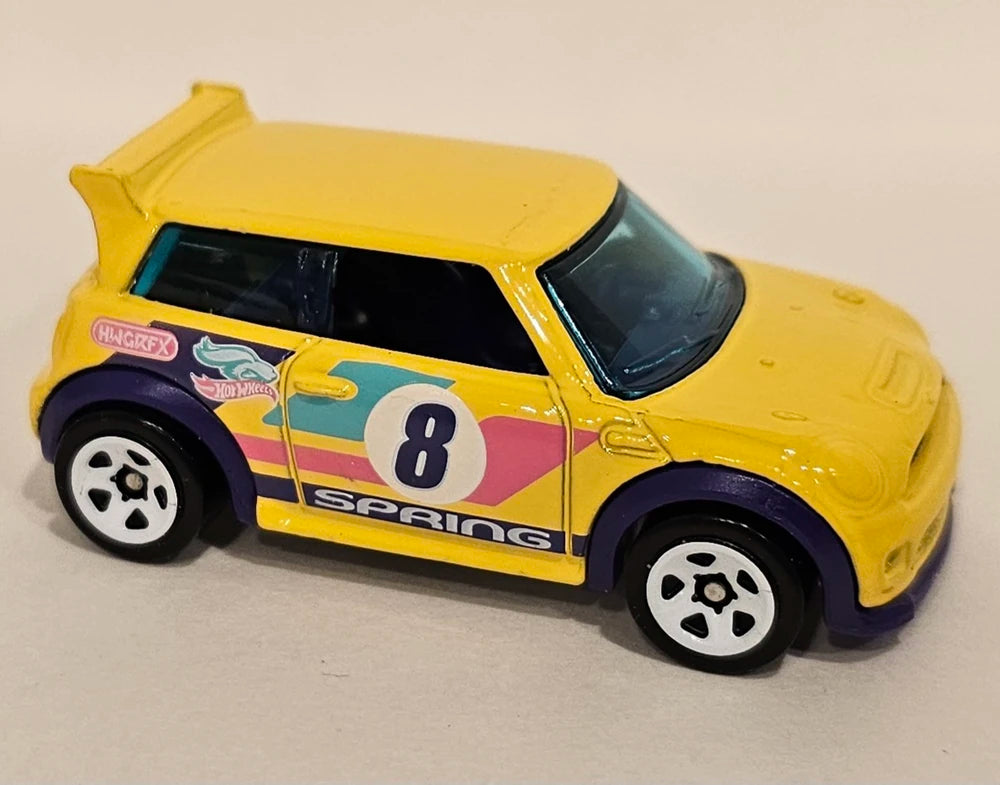 Hot Wheels 2024 Theme Easter Spring 3 5 Mini Cooper S Challenge Yellow White 5 Spoke Wheels Spring Card