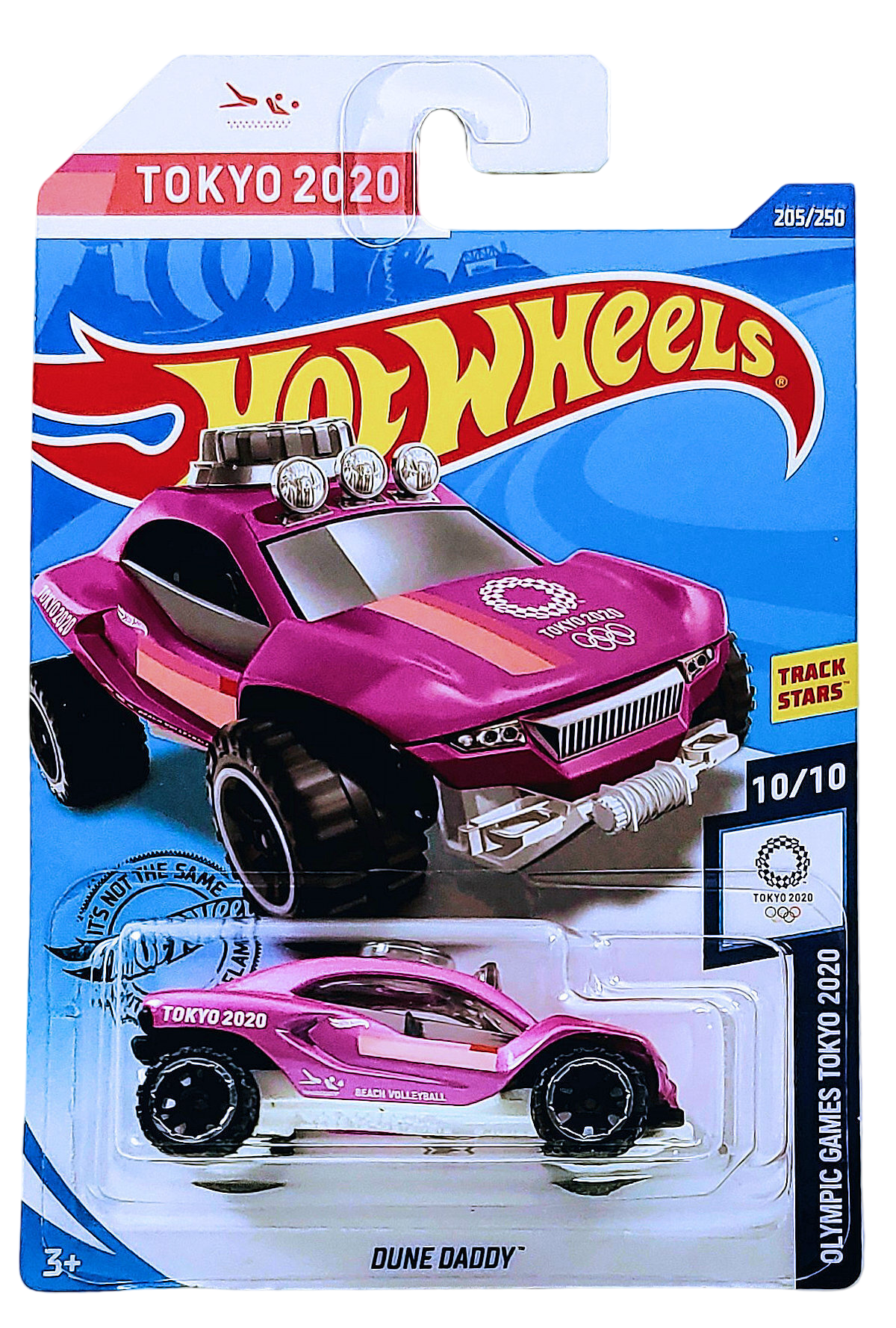 Hot Wheels 2020 - Collector # 205/250 - Olympic Games Tokyo 2020 10/10 - Treasure Hunts - Dune Daddy - Metalflake Pink / Circle Flame Logo on Top Rear - International Card
