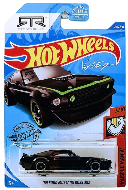 Hot Wheels 2020 - Collector # 210/250 - Muscle Mania 3/10 - '69 Ford Mustang Boss 302 - Black - USA 'RTR Vehicles' Card