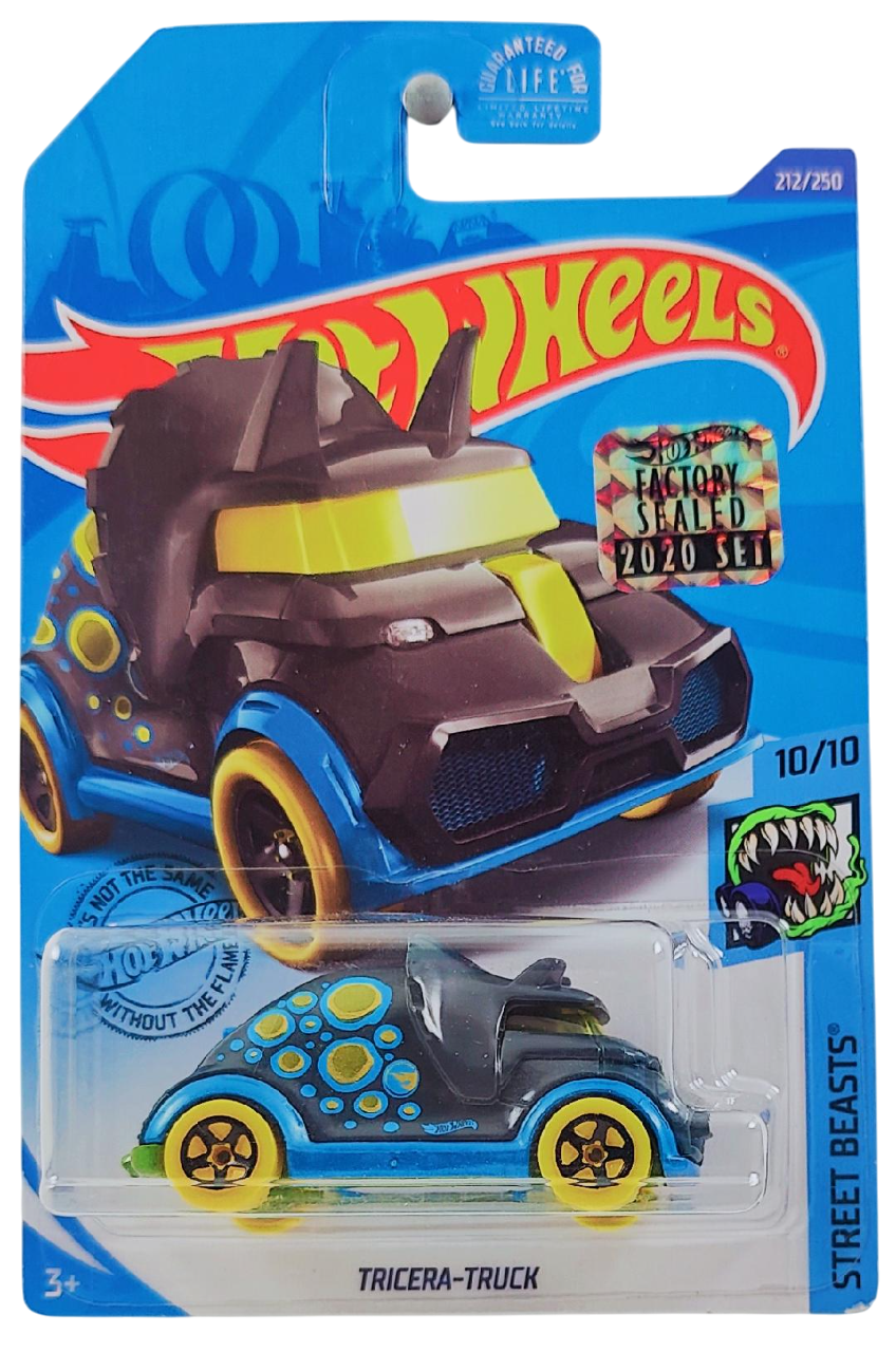 Hot Wheels 2020 - Collector # 212/250 - Street Beasts 10/10 - Treasure Hunts - Tricera-Truck - Dark Gray / Circle Flame Logo on Sides - USA Card with Factory Set Sticker