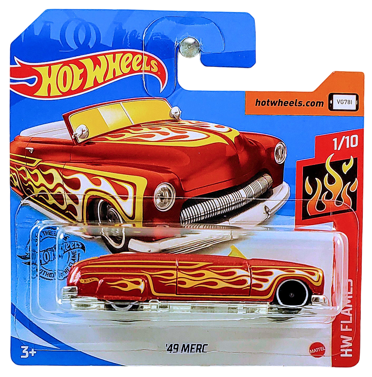 Hot Wheels 2020 - Collector # 219/250 - HW Flames 1/10 - '49 Merc (Convertible) - Metallic Red Orange - International Short Card