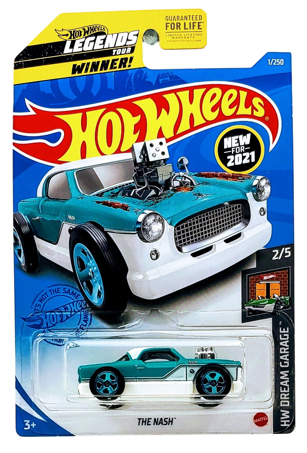 Hot Wheels 2021 - Collector # 001/250 - HW Dream Garage 2/5 - New Models - Legends Tour Winner - The Nash - Turquoise & White - Blue SK5SP Wheels - USA 'Legends Tour' Card