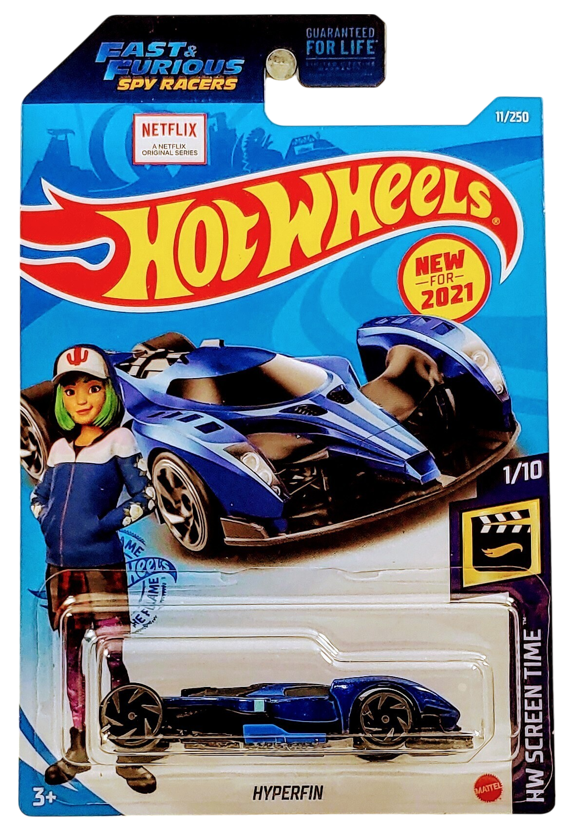Hot Wheels 2021 - Collector # 011/250 - HW Screen Time 1/10 - New Models - Hyperfin - Blue Metalflake - USA 'Fast & Furious Spy Racers' Card