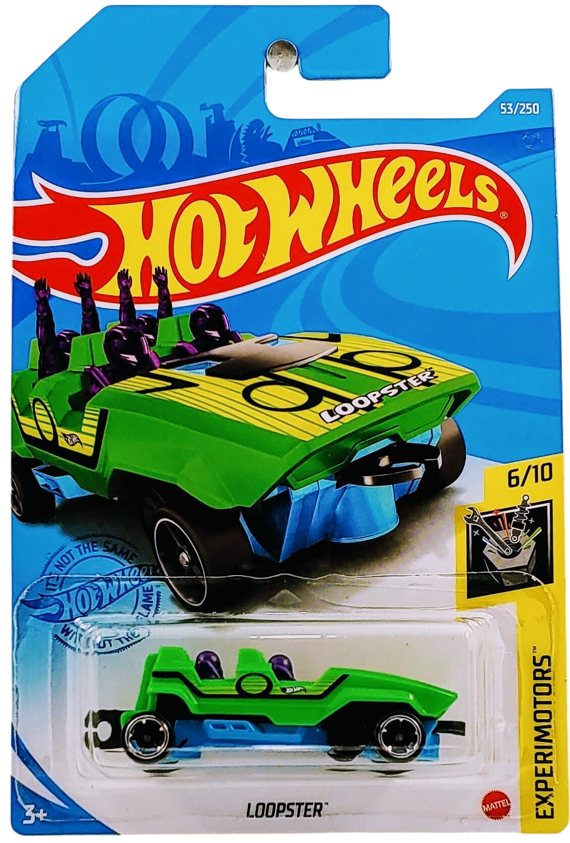 Hot Wheels 2021 - Collector # 053/250 - Experimotors 6/10 - Loopster - Green - Hands Down - Chrome Lip/Black OH5 Wheels - No Windows - Purple Interior - Light Blue Metal Base - International Card