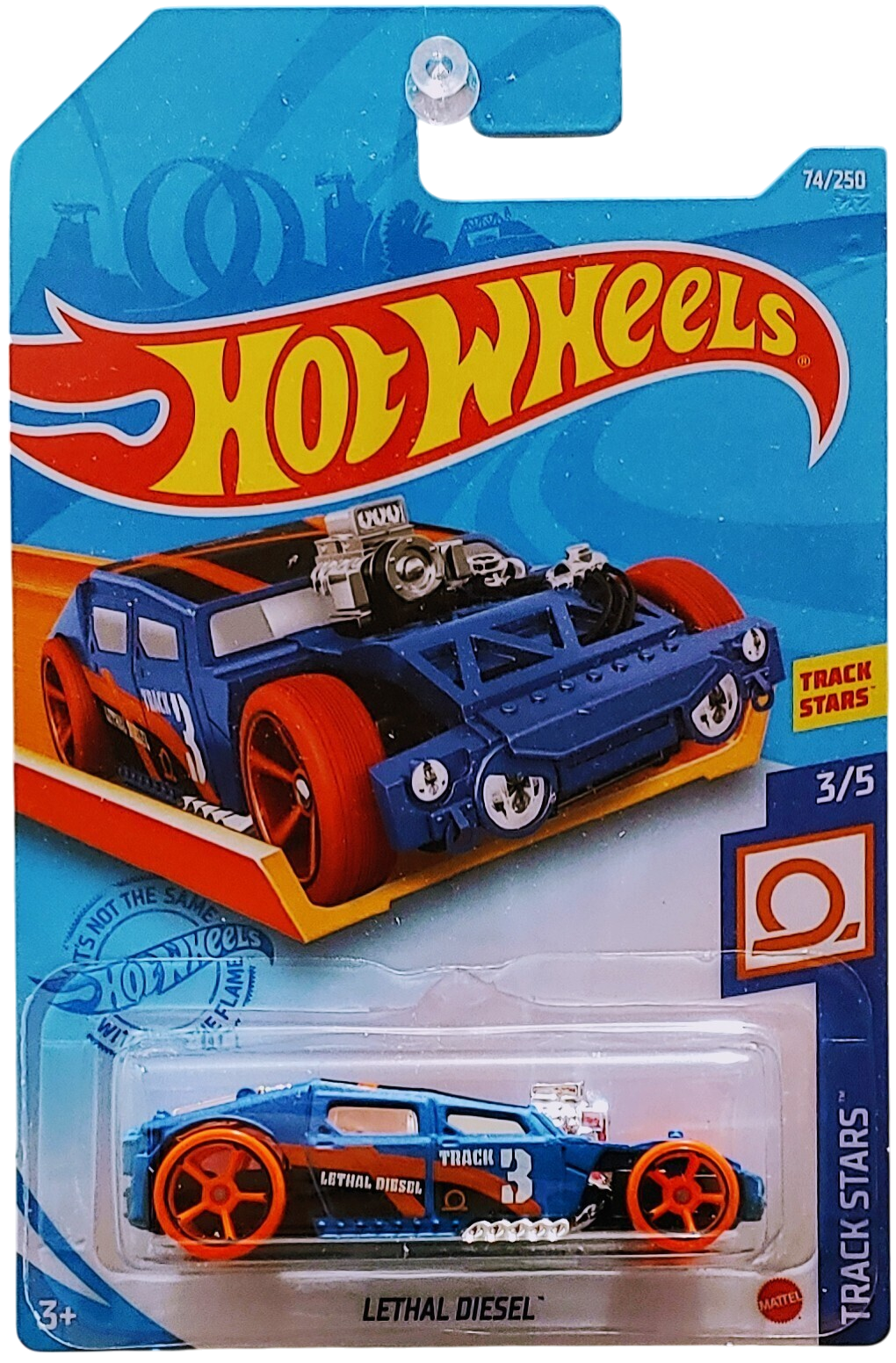 Hot Wheels 2021 - Collector # 074/250 - Track Stars 3/5 - Lethal Diesel - Flat Blue - Orange Tire / Black Lip OH5SP Wheels - Chrome Windows - Black Plastic Base - International Card
