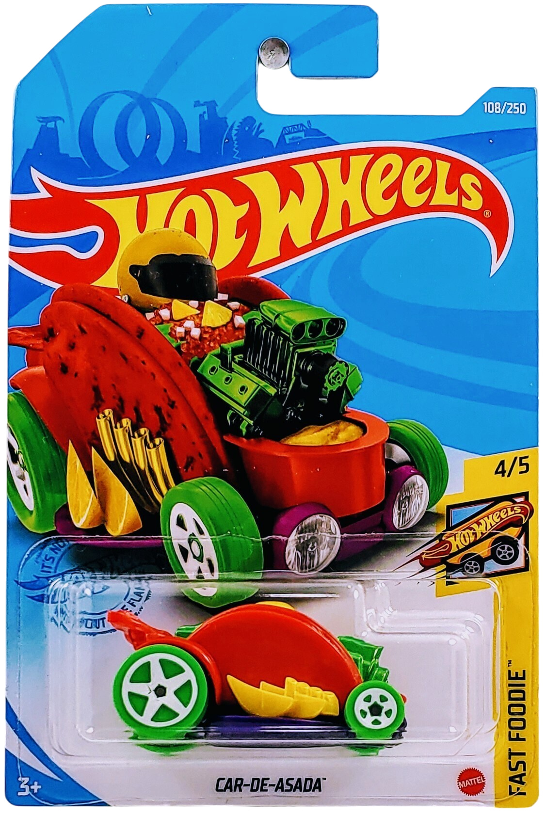 Hot Wheels 2021 - Collector # 108/250 - Fast Foodie 4/5 - New Models - Car-de-Asada (Taco) - Red Shell / Purple Base / Green Tires on White 5 Spokes - International Card