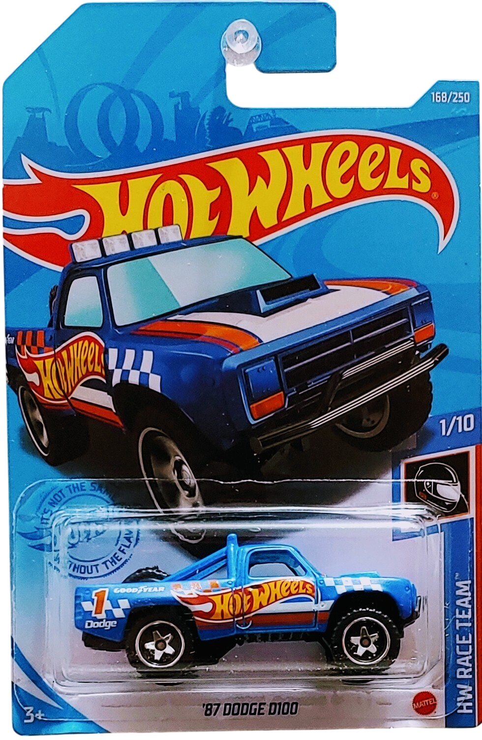 Hot Wheels 2021 - Collector # 168/250 - HW Race Team # 1/10 - 87 Dodge D100 - Matte Blue / #1 / Hot Wheels Racing - Baja 5 Wheels - Clear Windows - Black Interior - Black Plastic Base - International Card