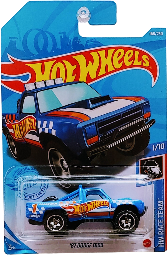 Hot Wheels 2021 - Collector # 168/250 - HW Race Team # 1/10 - 87 Dodge D100 - Matte Blue / #1 / Hot Wheels Racing - Baja 5 Wheels - Clear Windows - Black Interior - Black Plastic Base - International Card