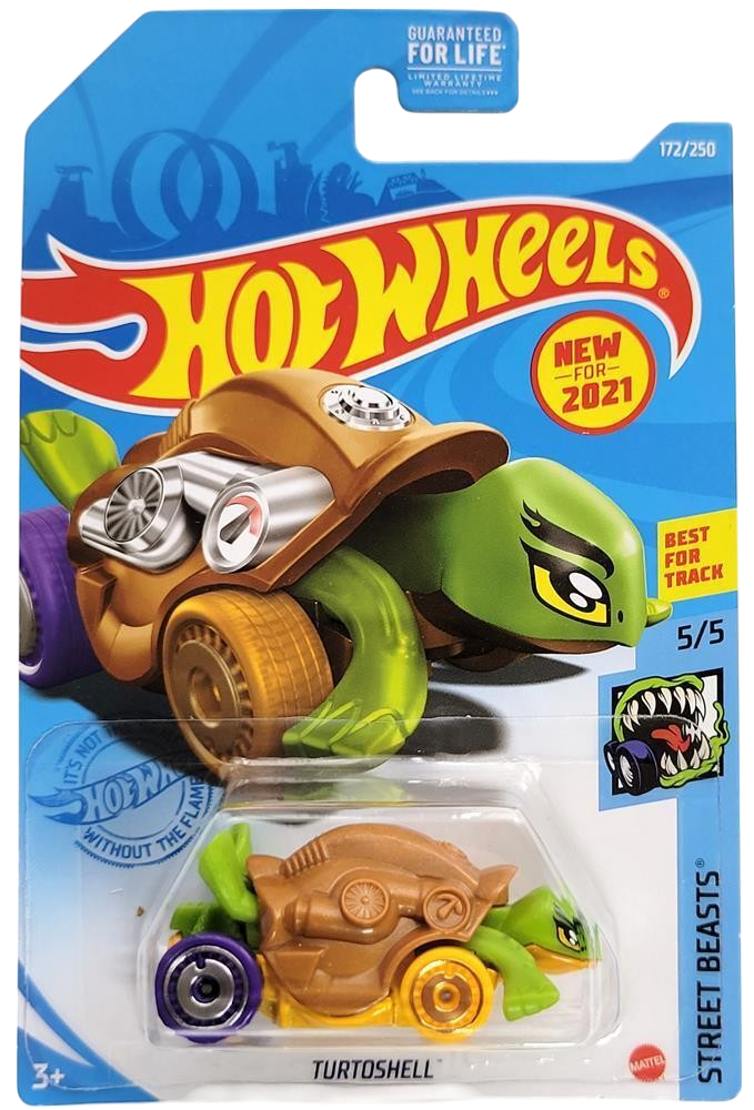 Hot Wheels 2021 - Collector # 172/250 - Street Beasts 5/5 - New Models - Turtoshell - Brown / Green / Yellow - USA Card with 'Best for Track'