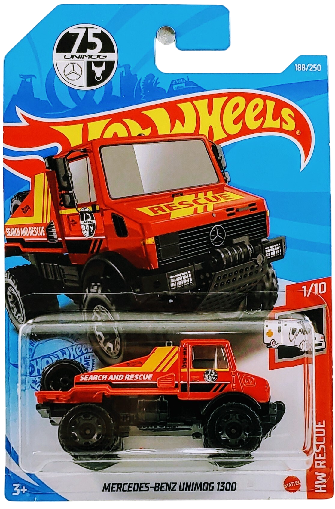 Hot Wheels 2021 - Collector # 188/250 - HW Rescue 1/10 - Mercedes-Benz Unimog 1300 - Red / 'Search and Rescue' - International Card with 75th Anniversary Logo