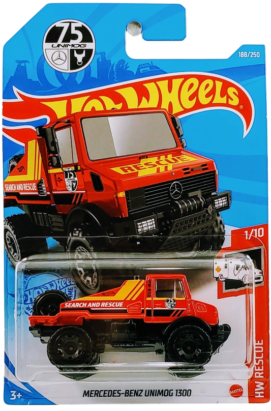 Hot Wheels 2021 - Collector # 188/250 - HW Rescue 1/10 - Mercedes-Benz Unimog 1300 - Red / 'Search and Rescue' - International Card with 75th Anniversary Logo