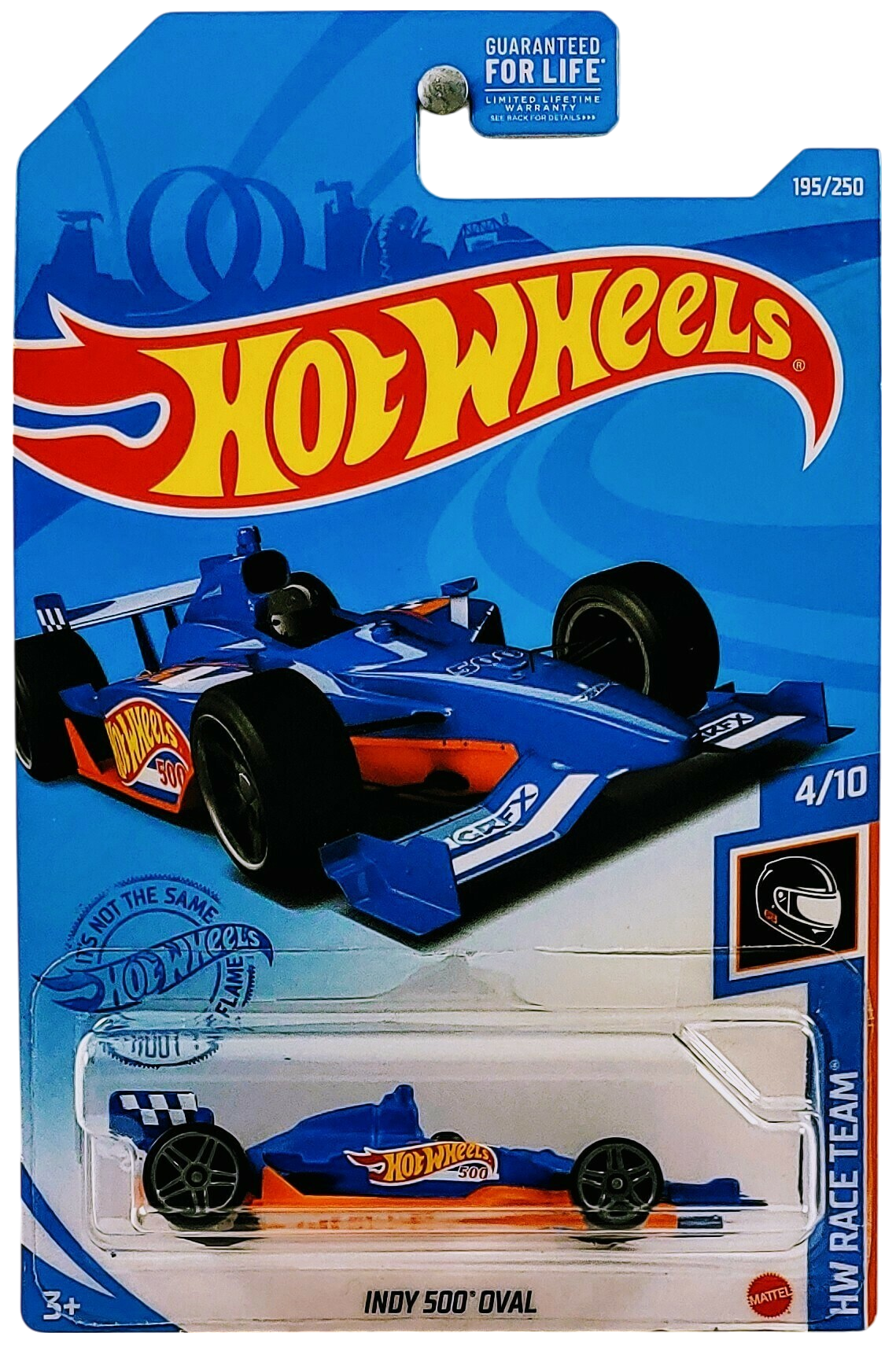 Hot Wheels 2021 - Collector # 195/250 - HW Race Team 4/10 - Indy 500 Oval - Matte Blue - Gray PR5 Wheels - No Windows - Black Interior - Orange Plastic Base - USA Card
