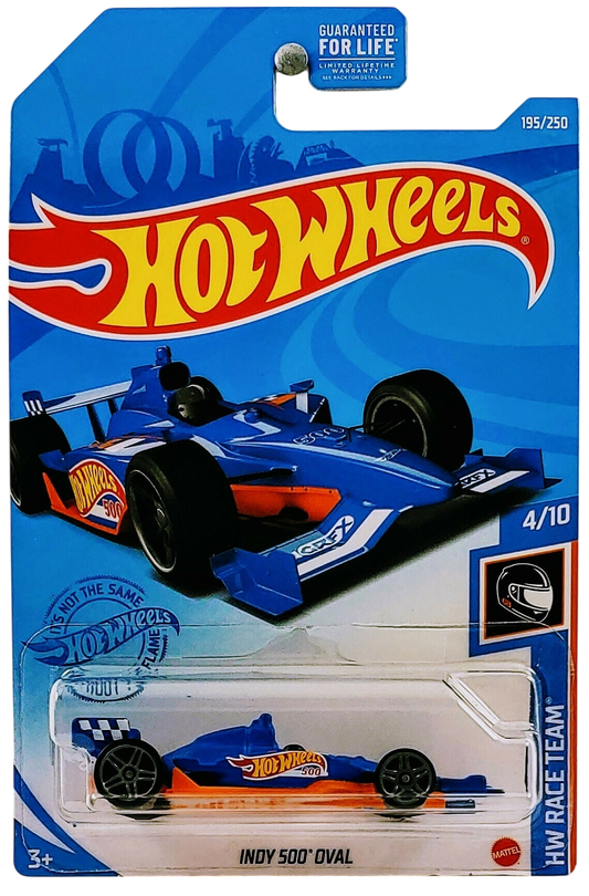 Hot Wheels 2021 - Collector # 195/250 - HW Race Team 4/10 - Indy 500 Oval - Matte Blue - Gray PR5 Wheels - No Windows - Black Interior - Orange Plastic Base - USA Card