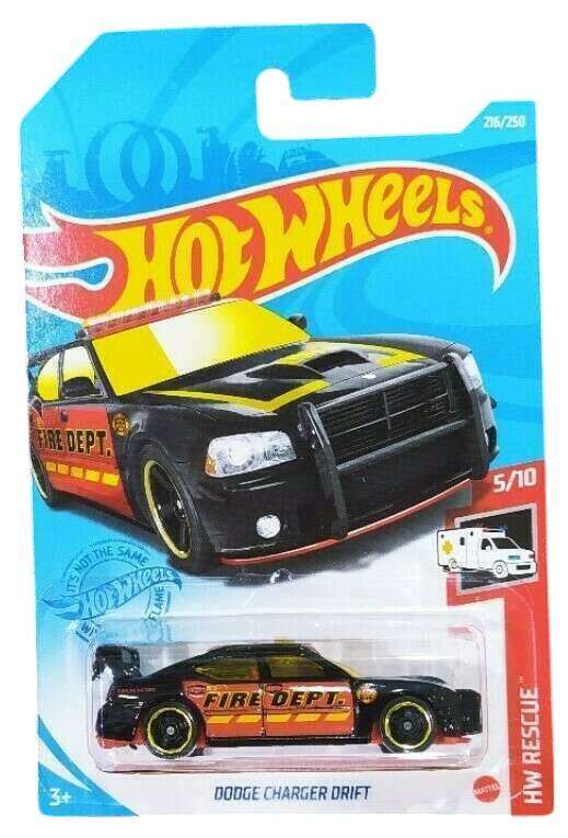 Hot Wheels 2021 - Collector # 216/250 - HW Rescue 5/10 - Dodge Charger Drift - Black / Fire Dept. - International Card