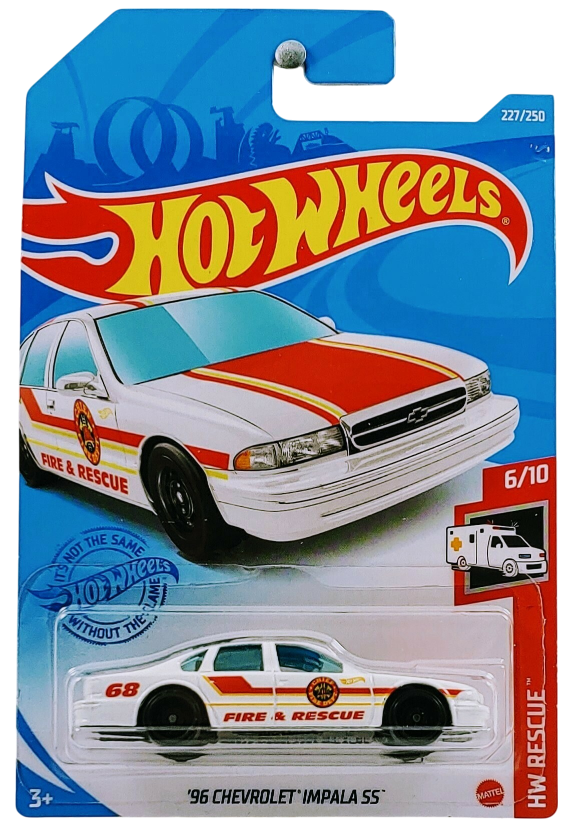 Hot Wheels 2021 - Collector # 227/250 - HW Rescue 06/10 - '96 Chevrolet Impala SS - White - Red & Yellow Stripes / 'Fire & Rescue' / '68' - International Card