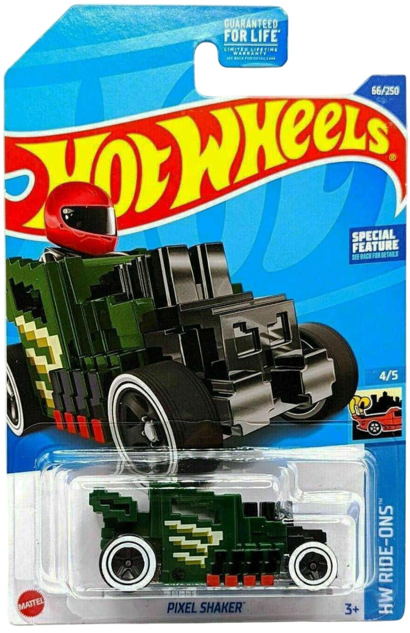 Hot Wheels 2022 - Collector # 066/250 - HW Ride-Ons 4/5 - Treasure Hunts - Pixel Shaker - Green / Circle Flame Logo on Lower Sides - White Walls on 5 Spokes - USA Card